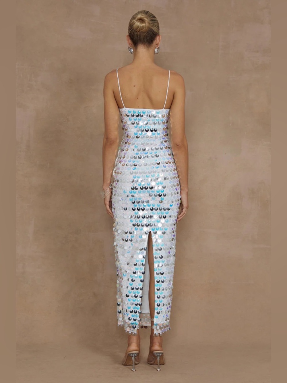 Runaway The Label Iridescent White Sequin Spaghetti-Strap Midi Dress M - Picture 2 of 10